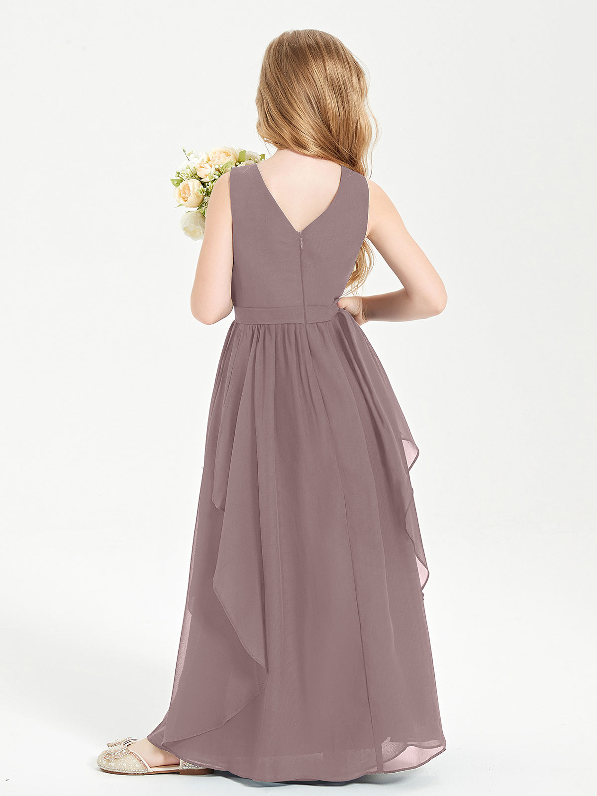 Boho Sleeveless Junior Chiffon Bridesmaids Gown Vintage Mauve